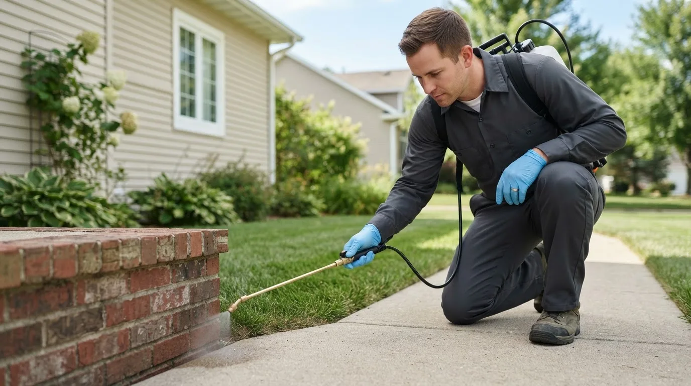 Pest control technician treating a home near Lyle, MN